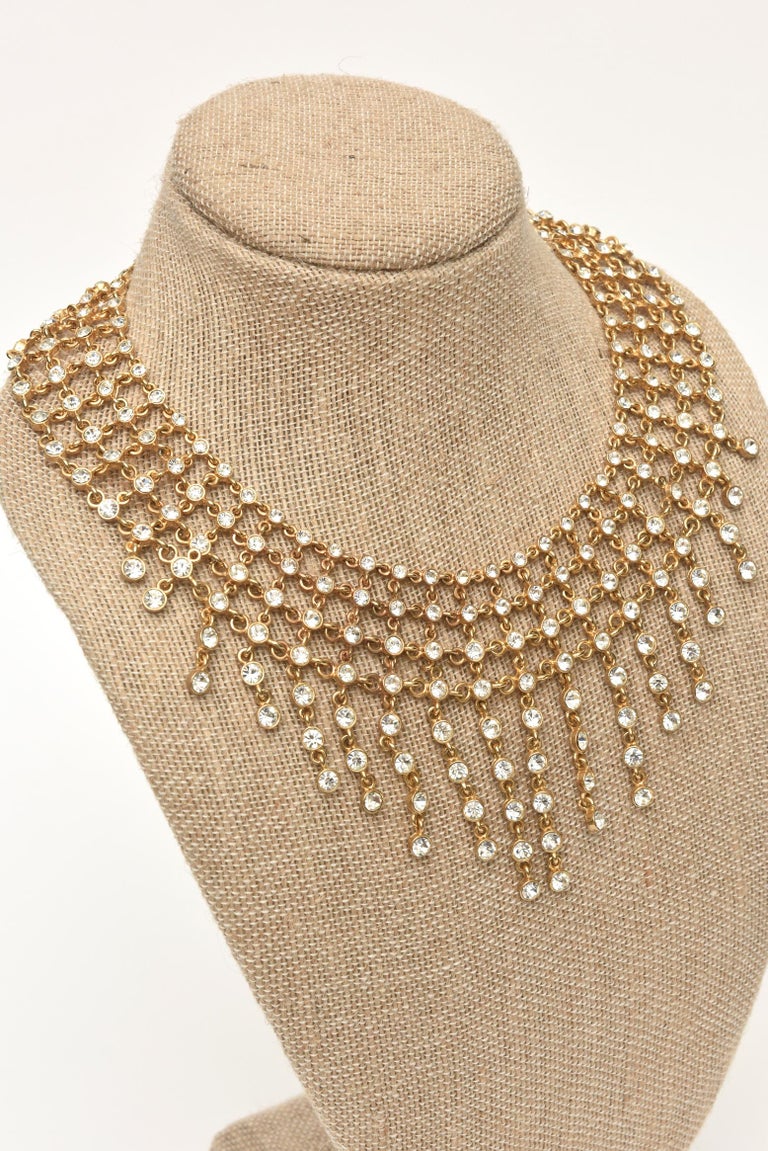 Rhinestone and Gilded Metal Bib Necklace Vintage For Sale at 1stDibs