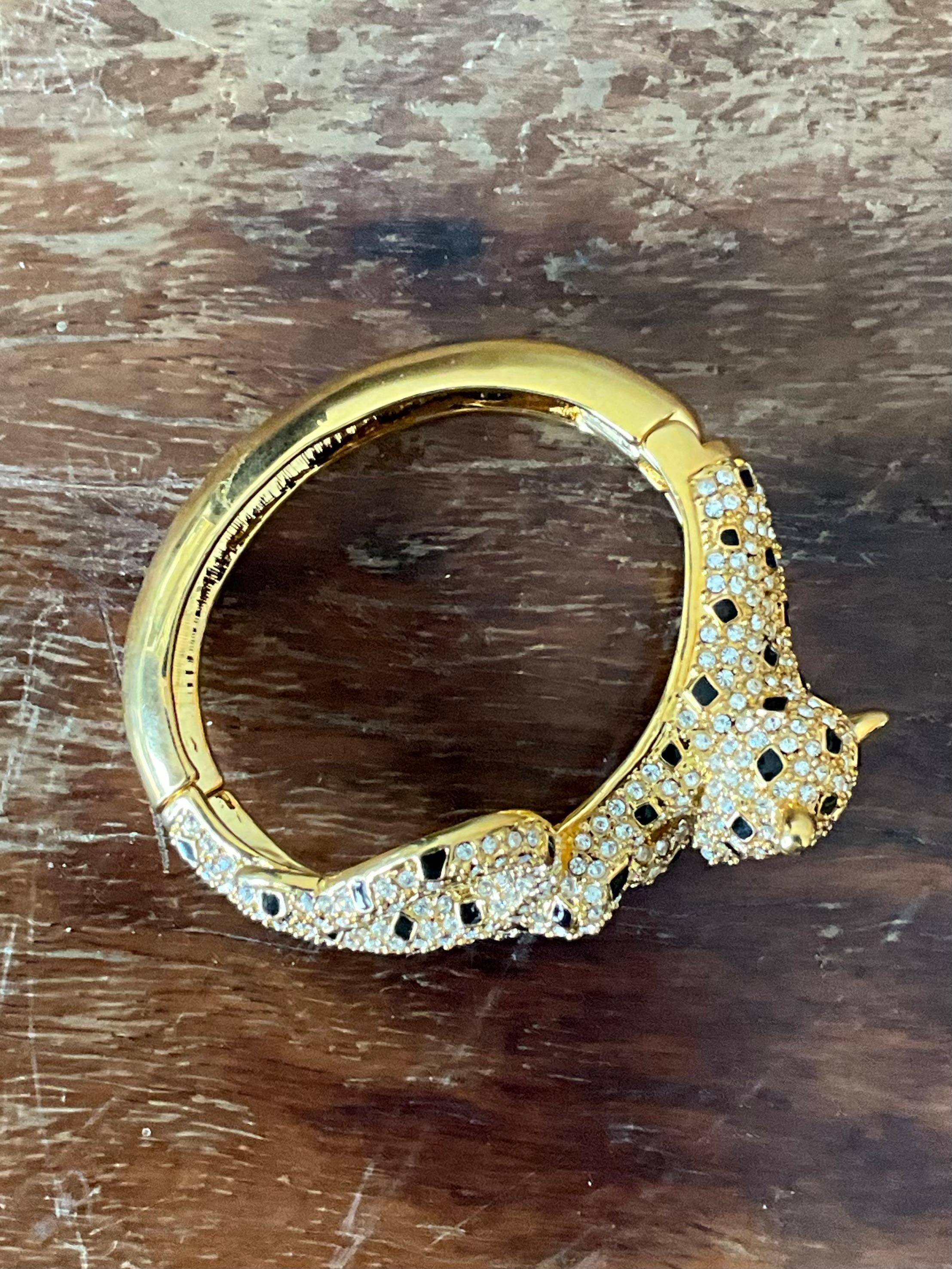 Vintage Rhinestone & Black Enamel Leopard Bracelet For Sale 2