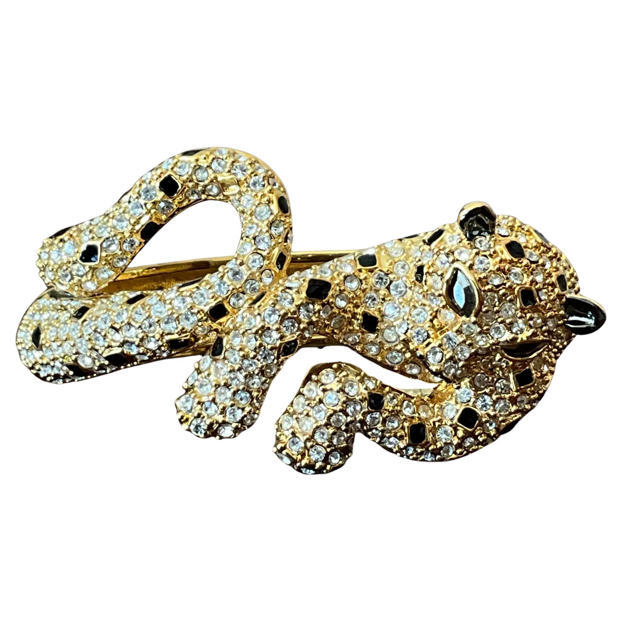 Vintage Rhinestone & Black Enamel Leopard Bracelet For Sale