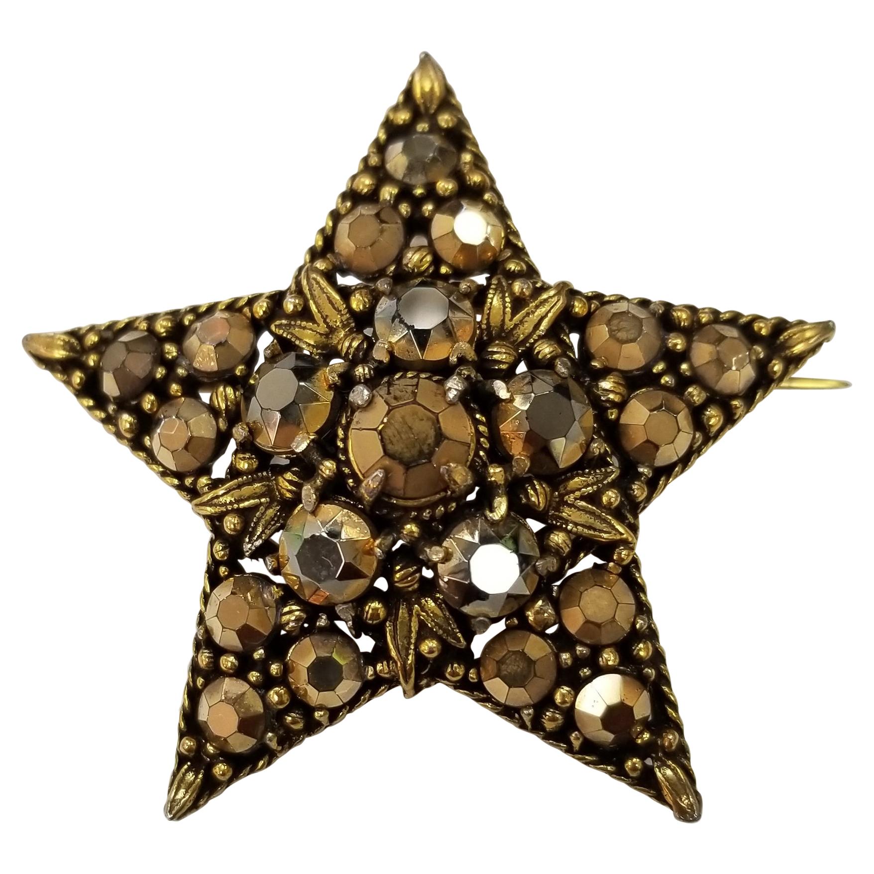 Vintage Rhinestone Brooch Designer Signed WEISS Gold Star Brooch or Pendant For Sale