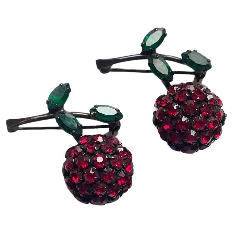 Vintage Rhinestone Cherry Brooches Set For Sale