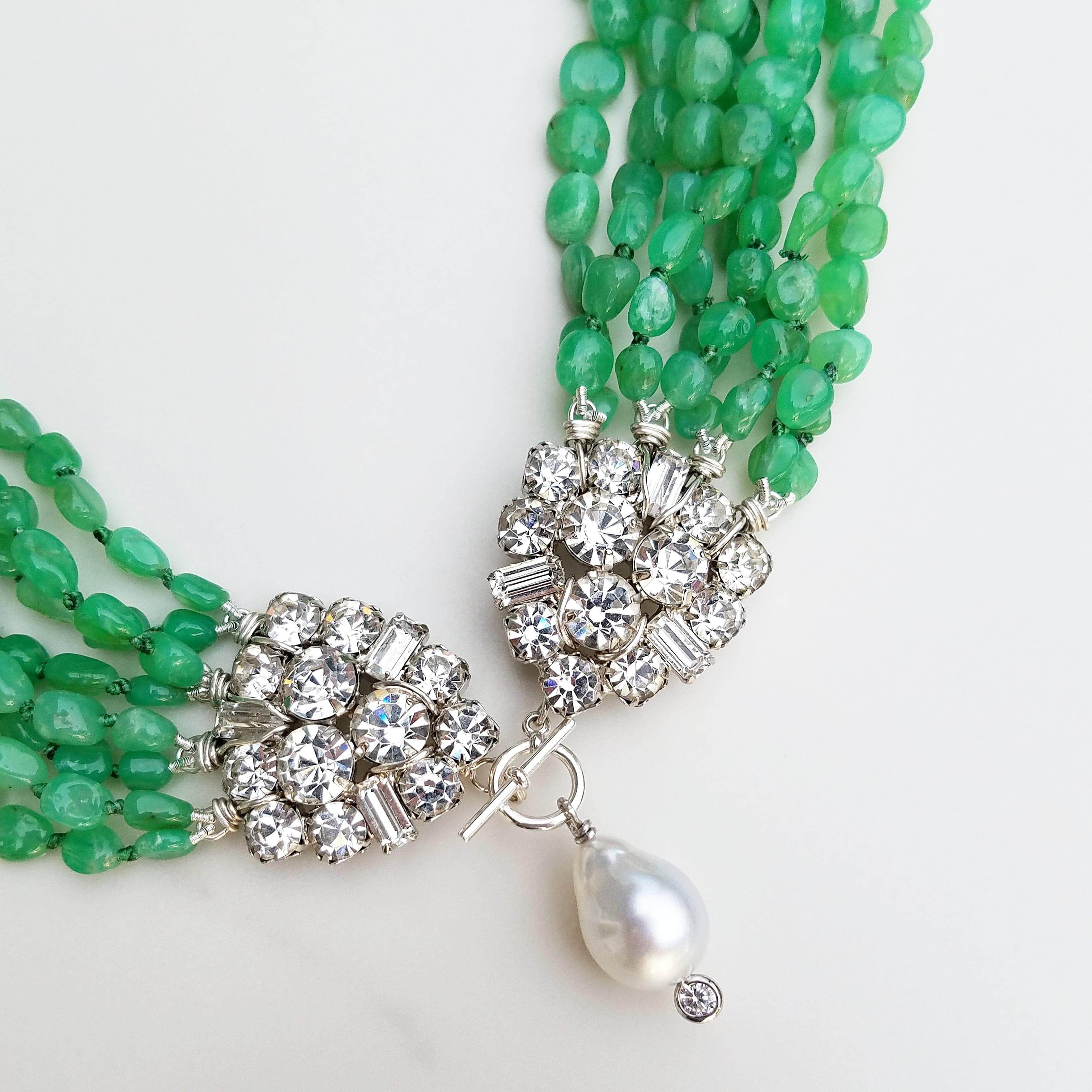 8 strands of Natural Chrysoprase beads, hand-knotted on green color silk, are attached to Authentic Vintage signed 