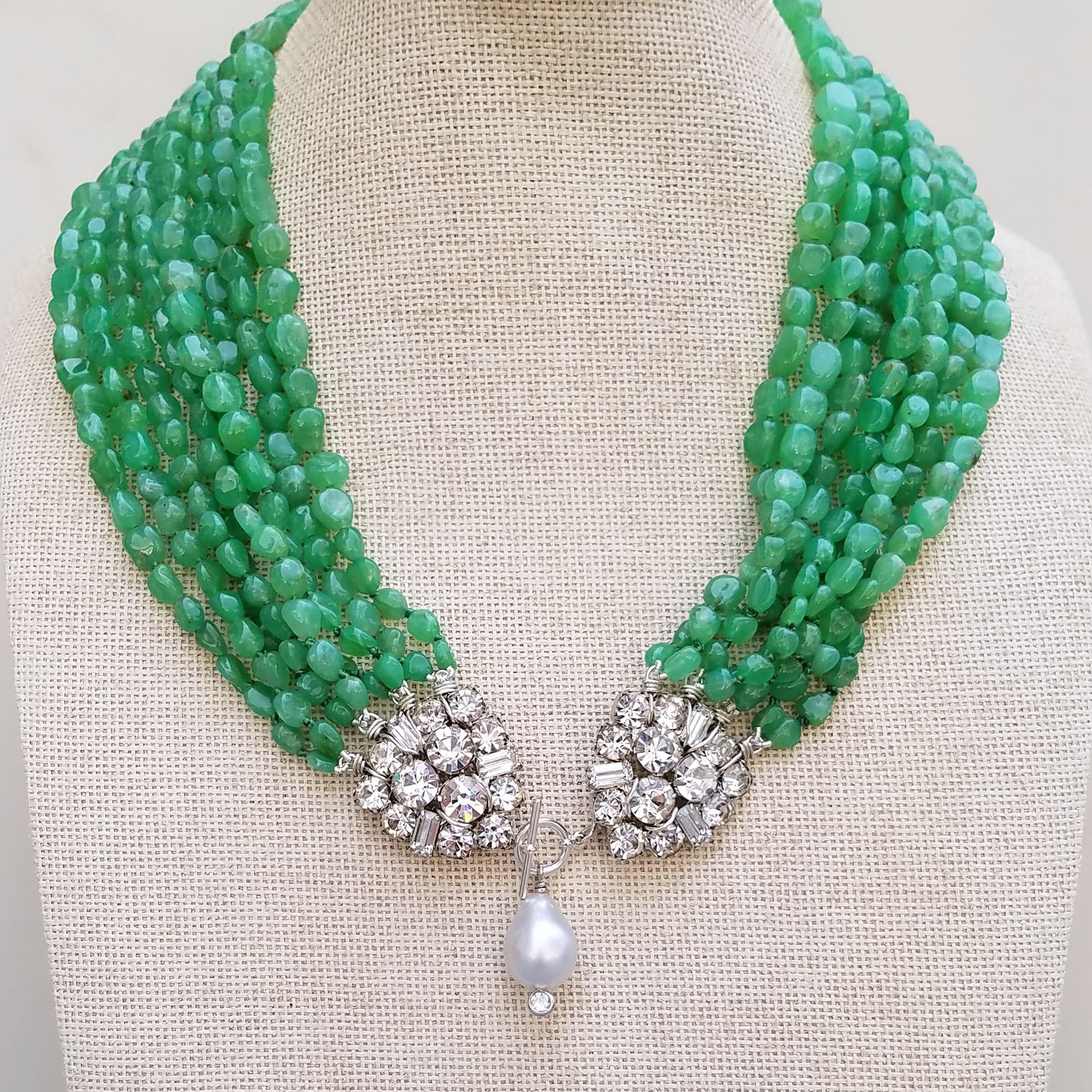 Artisan Vintage Rhinestone Chrysoprase and Pearl drop Necklace For Sale