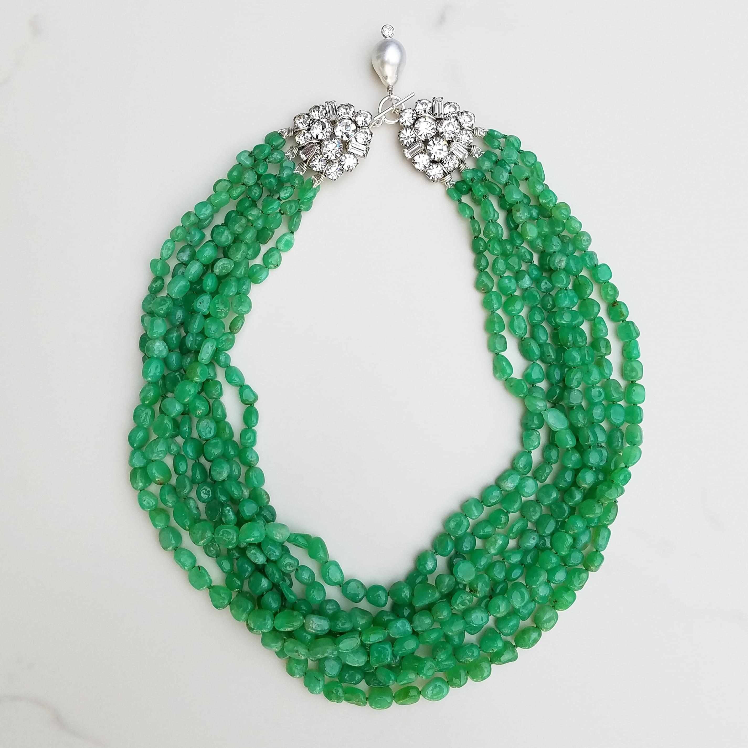 Bead Vintage Rhinestone Chrysoprase and Pearl drop Necklace For Sale