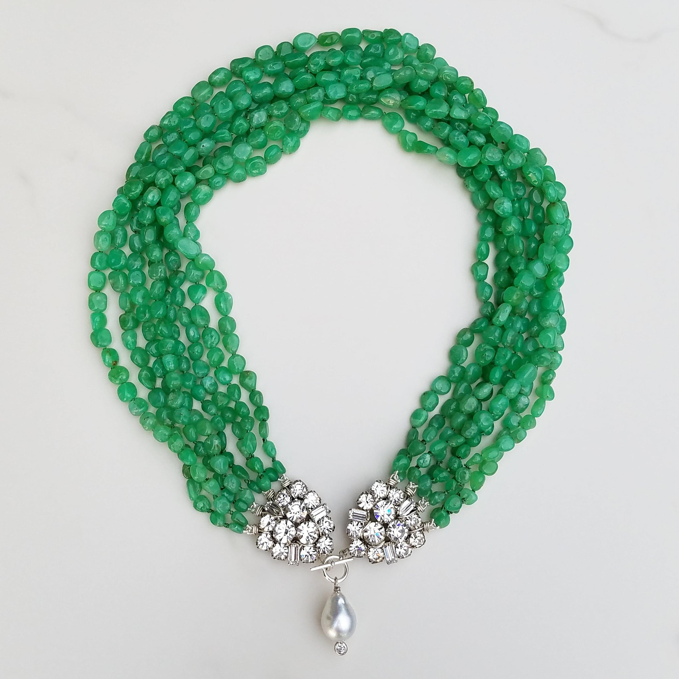 Women's Vintage Rhinestone Chrysoprase and Pearl drop Necklace For Sale