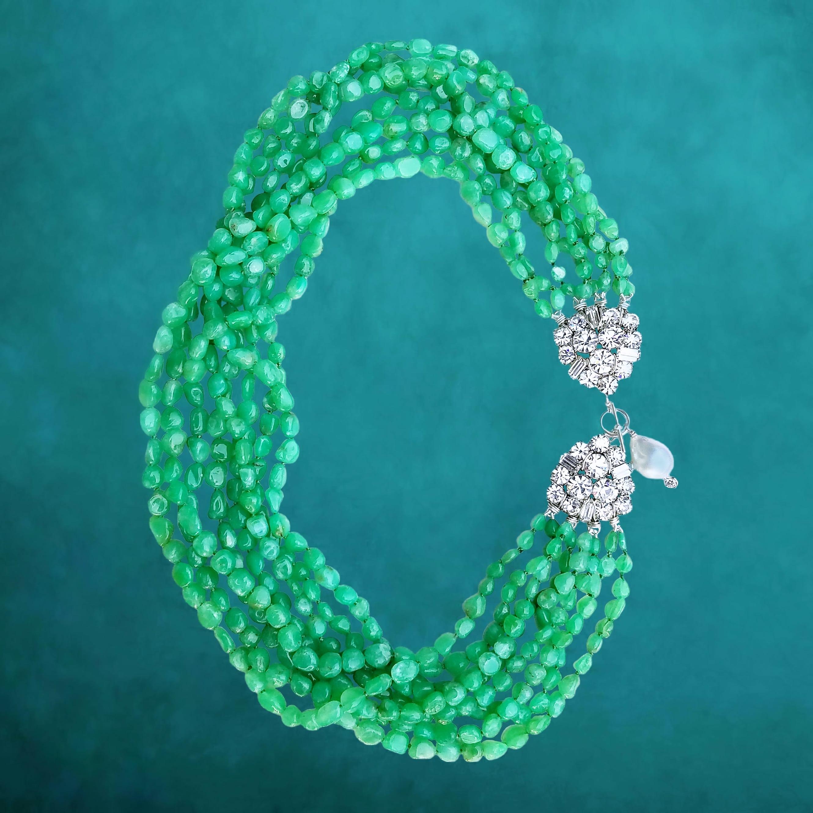 Vintage Rhinestone Chrysoprase and Pearl drop Necklace For Sale 1