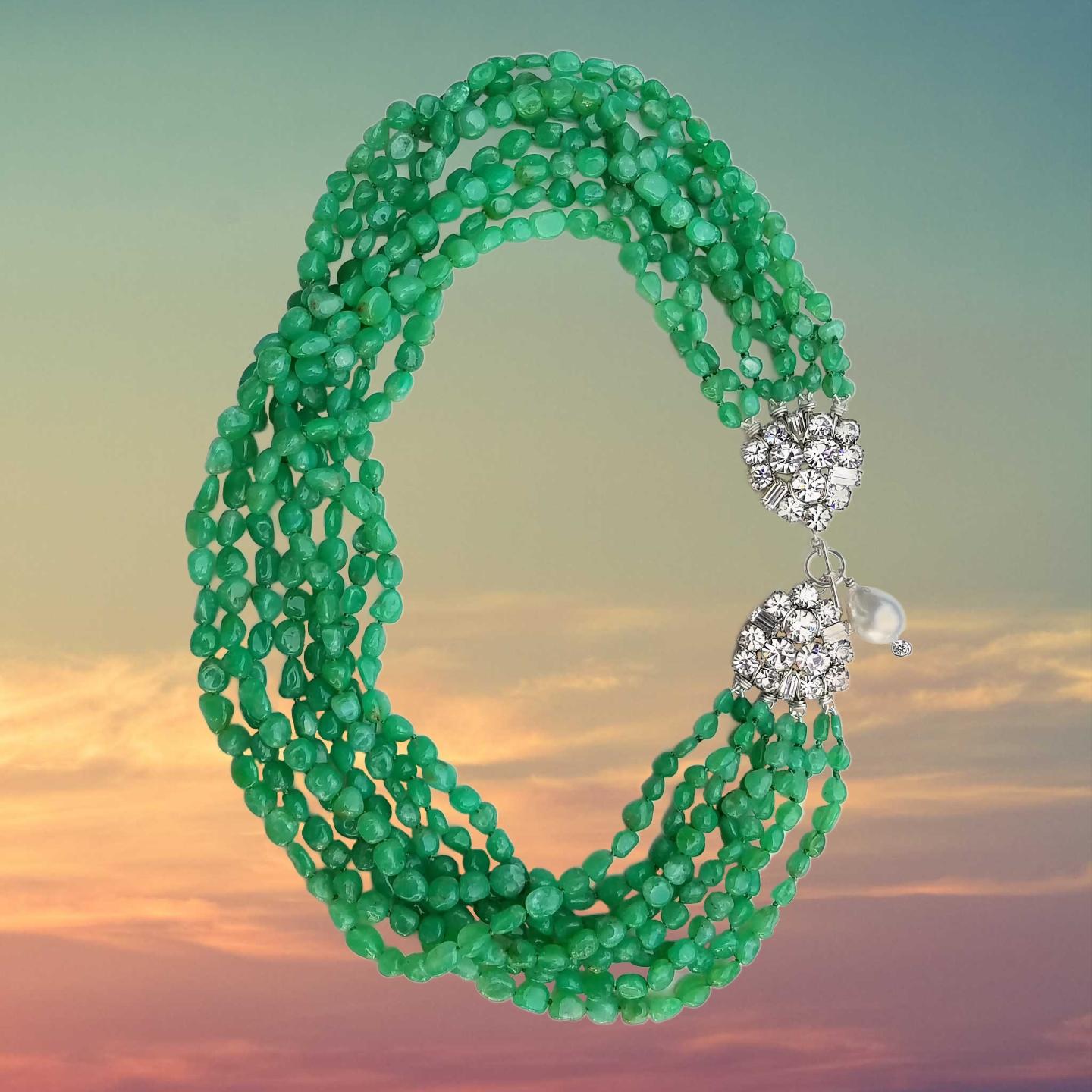 Vintage Rhinestone Chrysoprase and Pearl drop Necklace For Sale 2