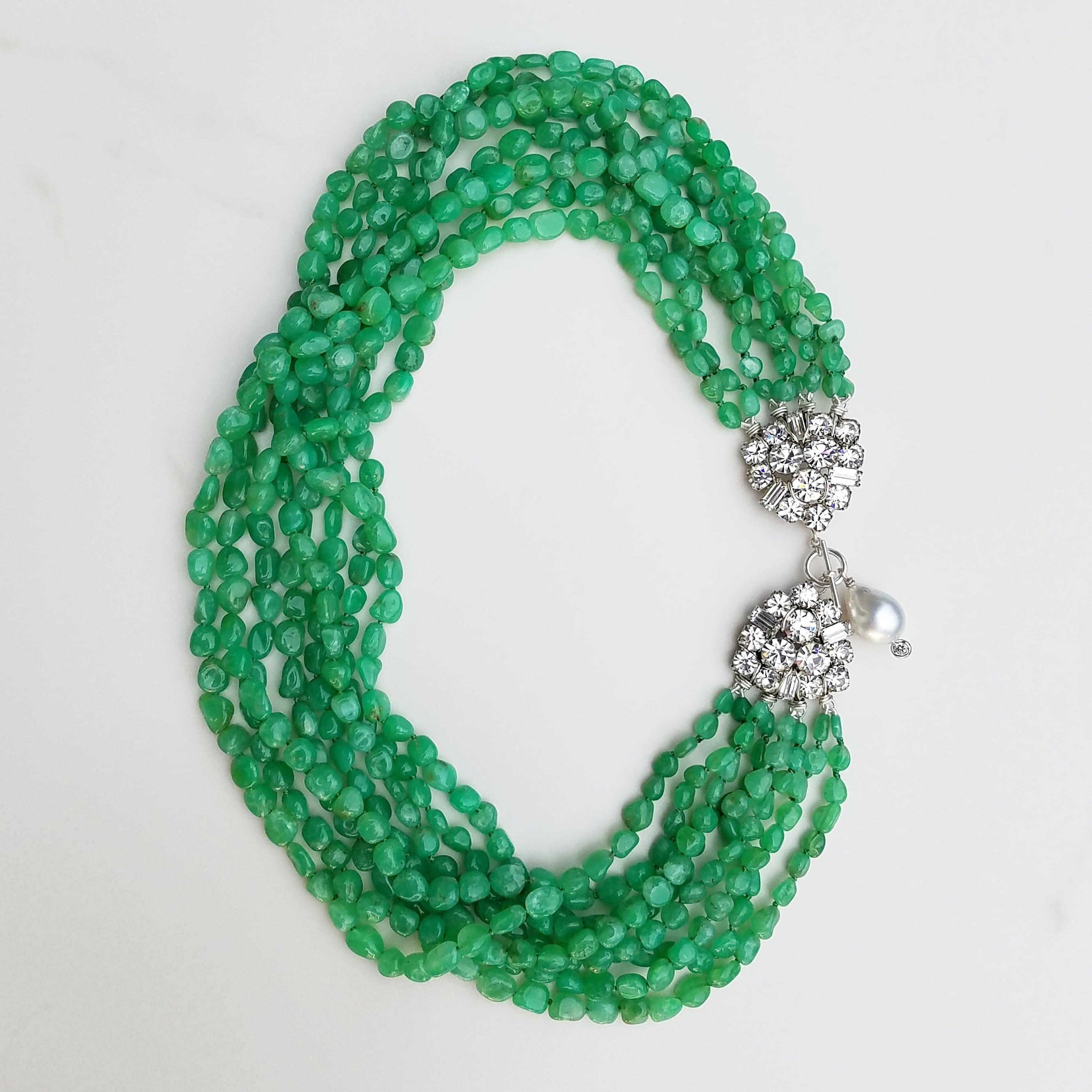 Vintage Rhinestone Chrysoprase and Pearl drop Necklace For Sale 3