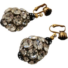 Vintage Rhinestone Cluster Drop Clip-On Earrings with Black Glass Accents