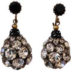 Vintage Rhinestone Cluster Drop Clip-On Earrings with Black Glass Accents