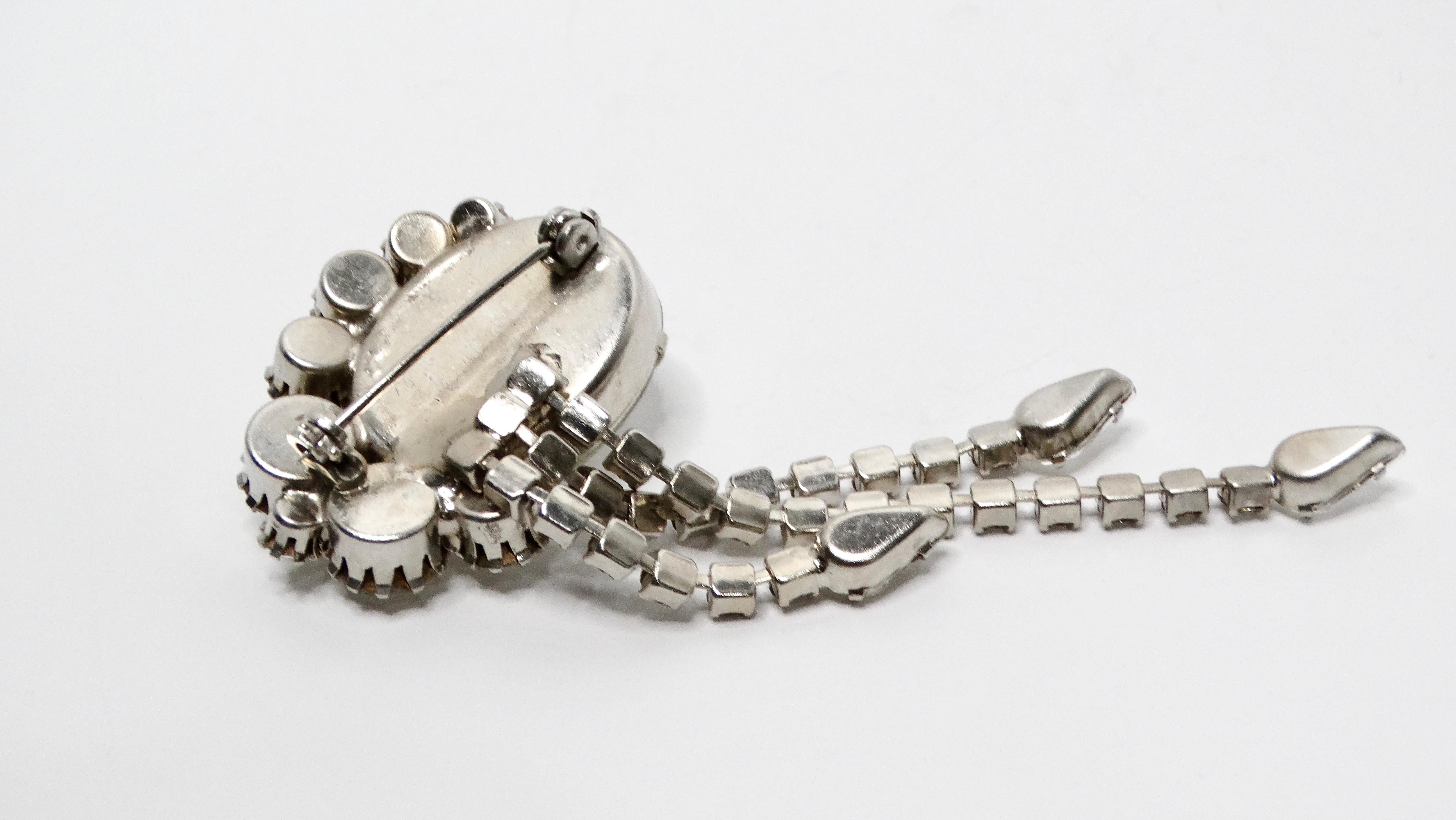 Vintage Rhinestone Dangle Sterling Silver Plated Brooch In Good Condition For Sale In Scottsdale, AZ