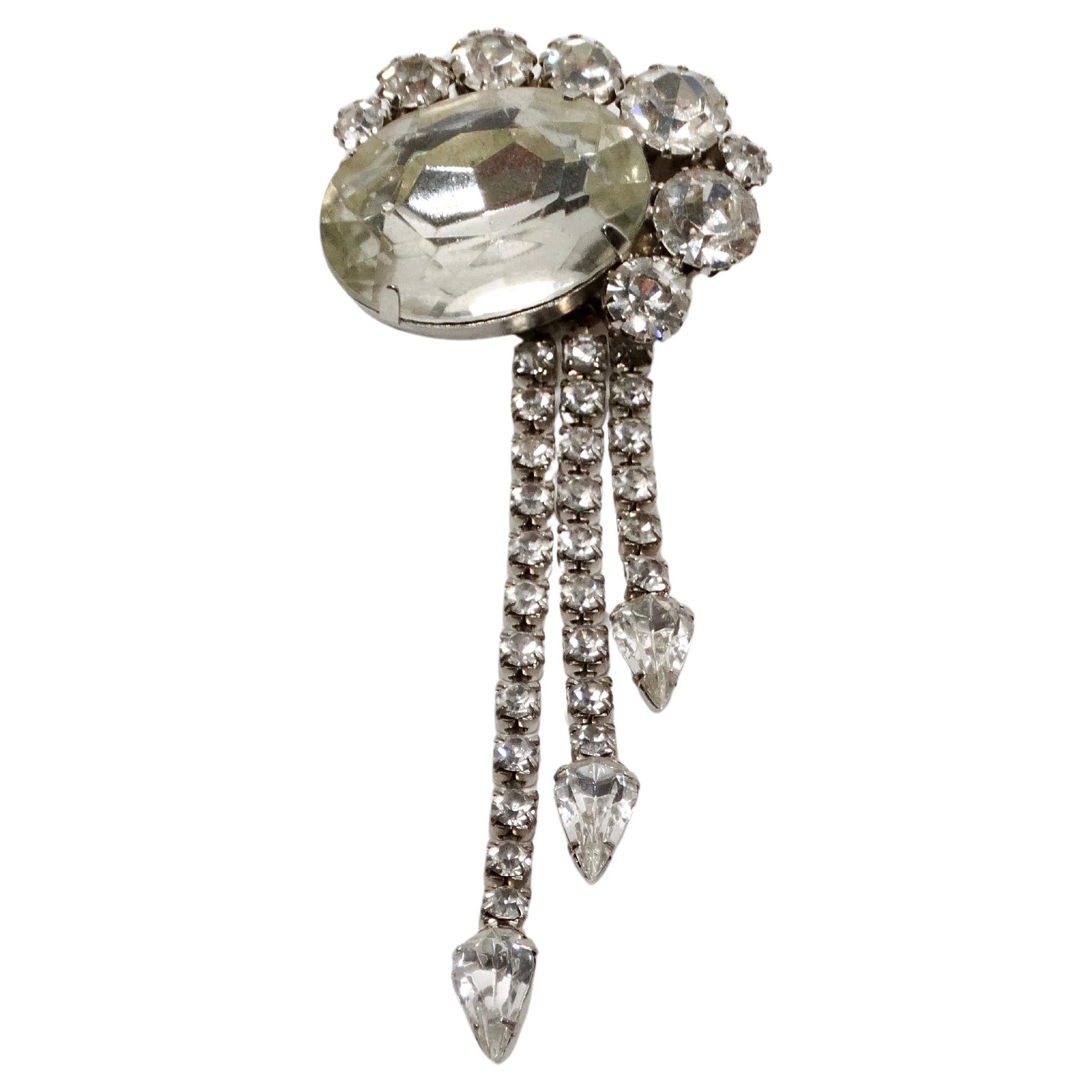 Vintage Rhinestone Dangle Sterling Silver Plated Brooch For Sale