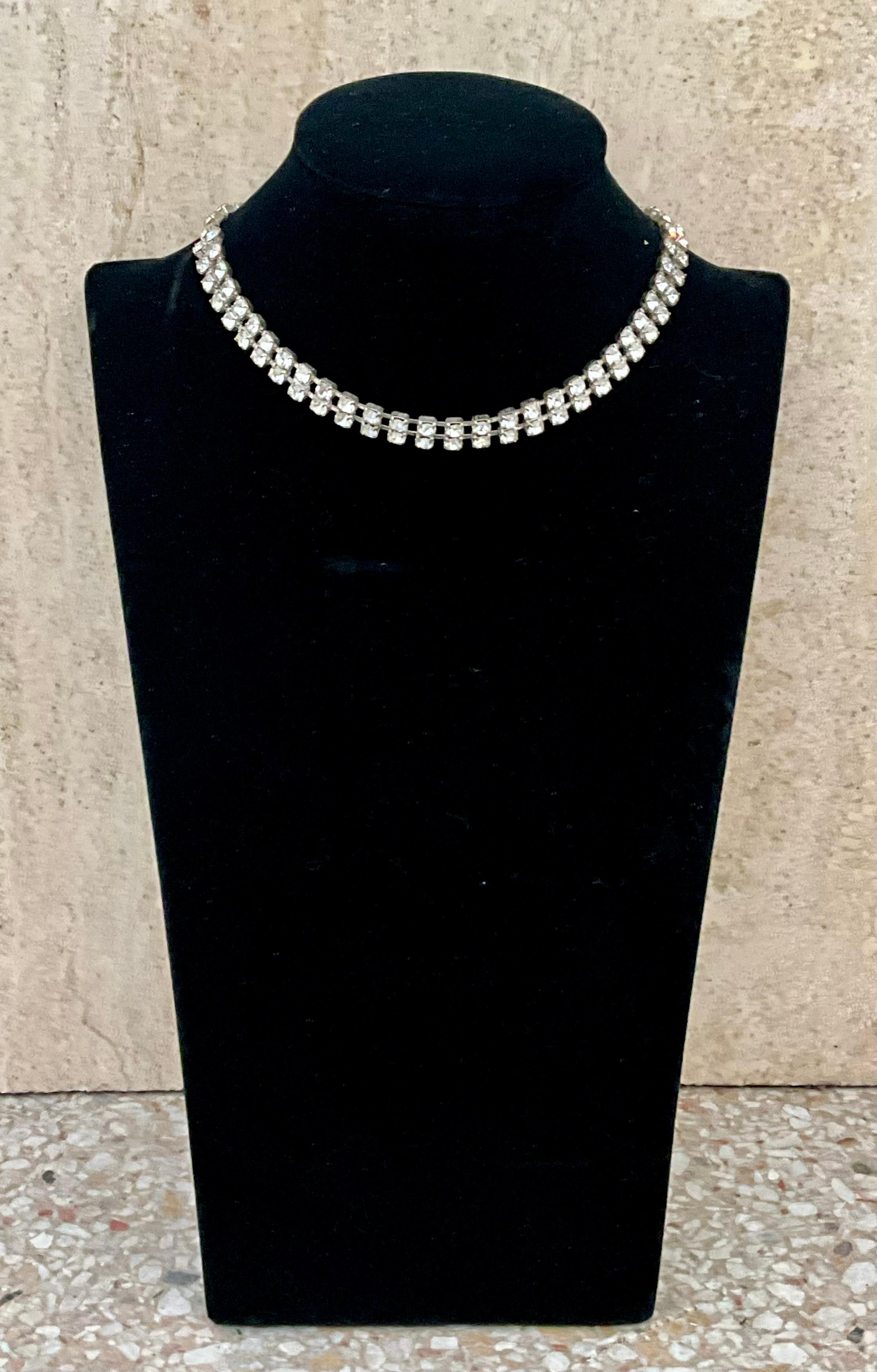 Vintage Rhinestone Double Row Tennis Necklace In Good Condition For Sale In Lake Worth Beach, FL