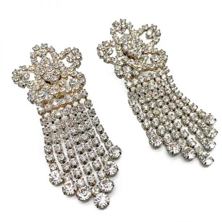 Vintage Rhinestone Floral Chandelier Earrings 1980s In Good Condition In Wilmslow, GB