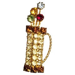 Vintage Rhinestone Golf Bag Brooch Multicolor Chaton Stones, Gold-Tone Figural