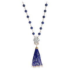 Vintage Rhinestone Lapis Tassel Necklace