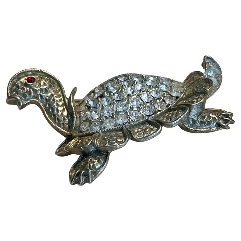 Broche Vintage Tortue En Métal Doré Et Strass - Bijou Ancien, Thème Animal, Occasion