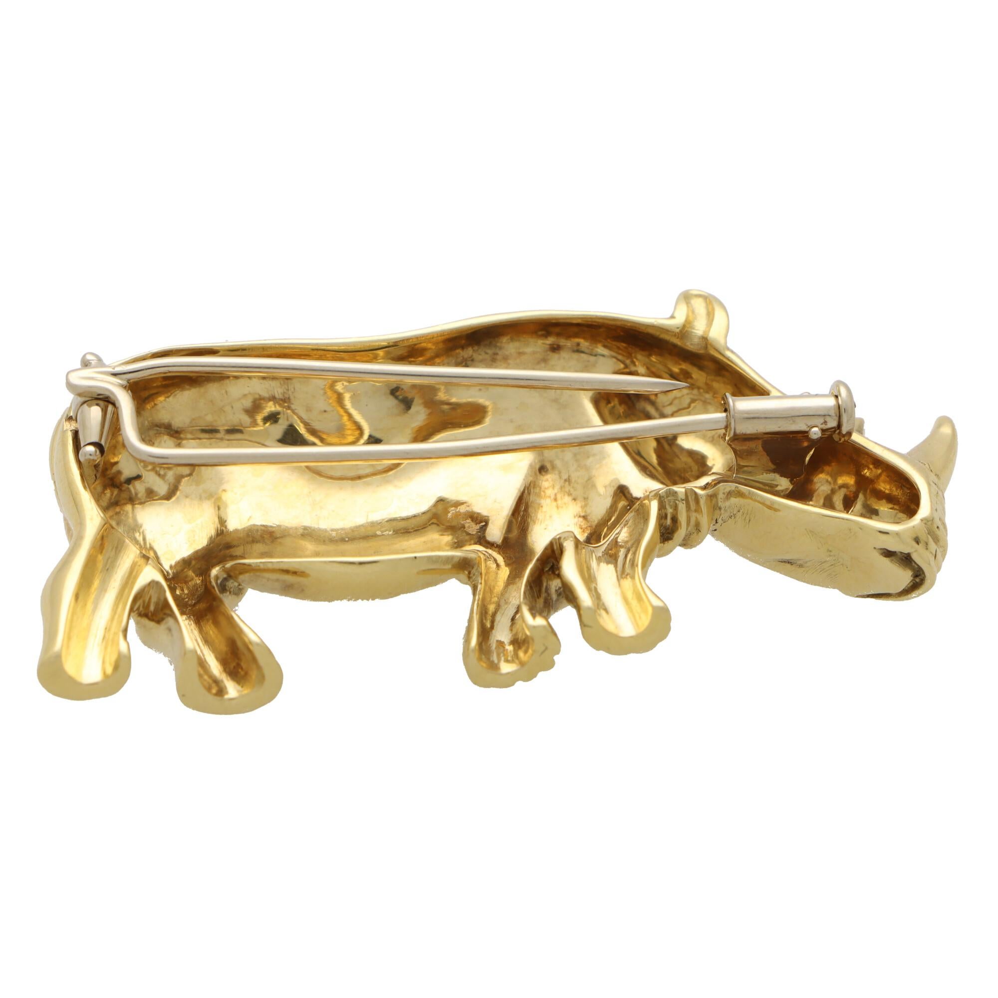 Retro Vintage Rhino Brooch with Diamonds Set in 18k Yellow Gold For Sale