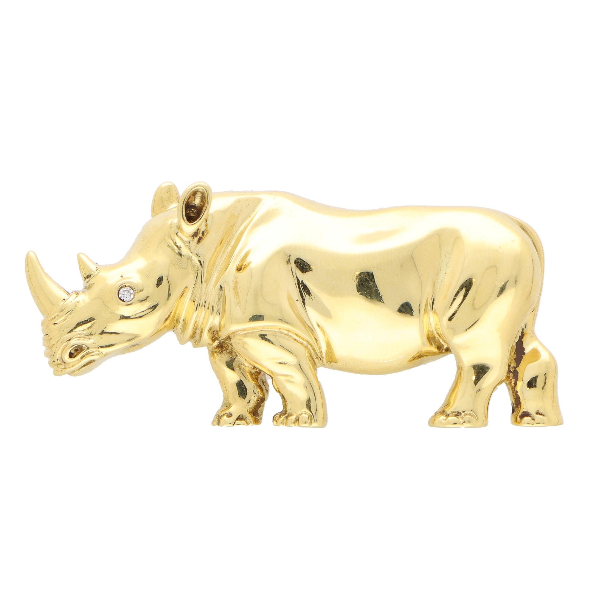 Round Cut Vintage Rhino Brooch with Diamonds Set in 18k Yellow Gold For Sale