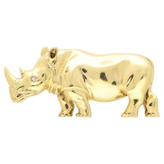 Vintage Rhino Brooch with Diamonds Set in 18k Yellow Gold