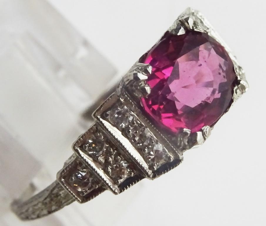 Women's Vintage Rhodalite and Diamond Art Deco Platinum Ring For Sale