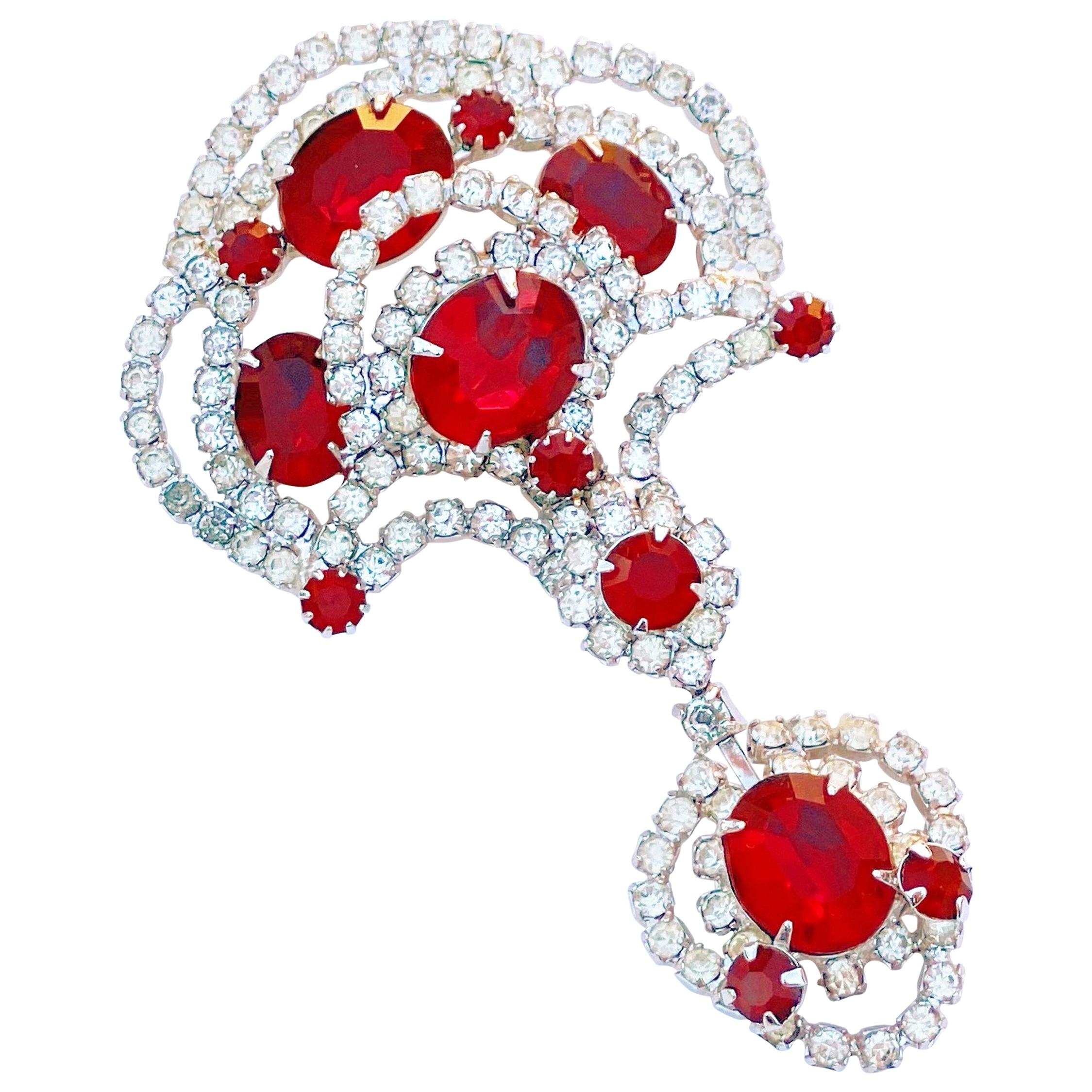 Vintage Rhodium Plated Ruby Red Crystal Brooch By Kramer, 1940s For Sale