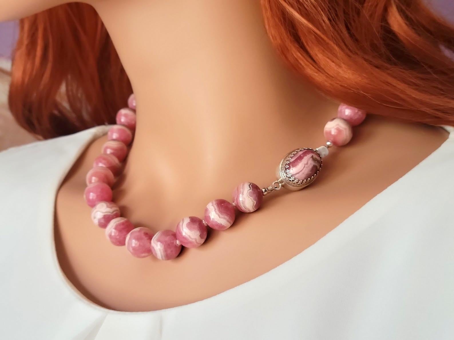 Collier Vintage Pierre Rhodochrosite Rose - Argent Massif 925 - Occasion