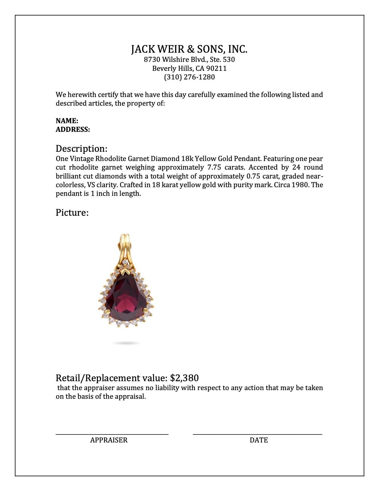 Women's or Men's Vintage Rhodolite Garnet Diamond 18k Yellow Gold Pendant For Sale