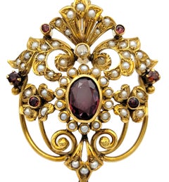 Spilla/pendente d'epoca in oro giallo 18 carati con granato rodolite, diamanti e perle