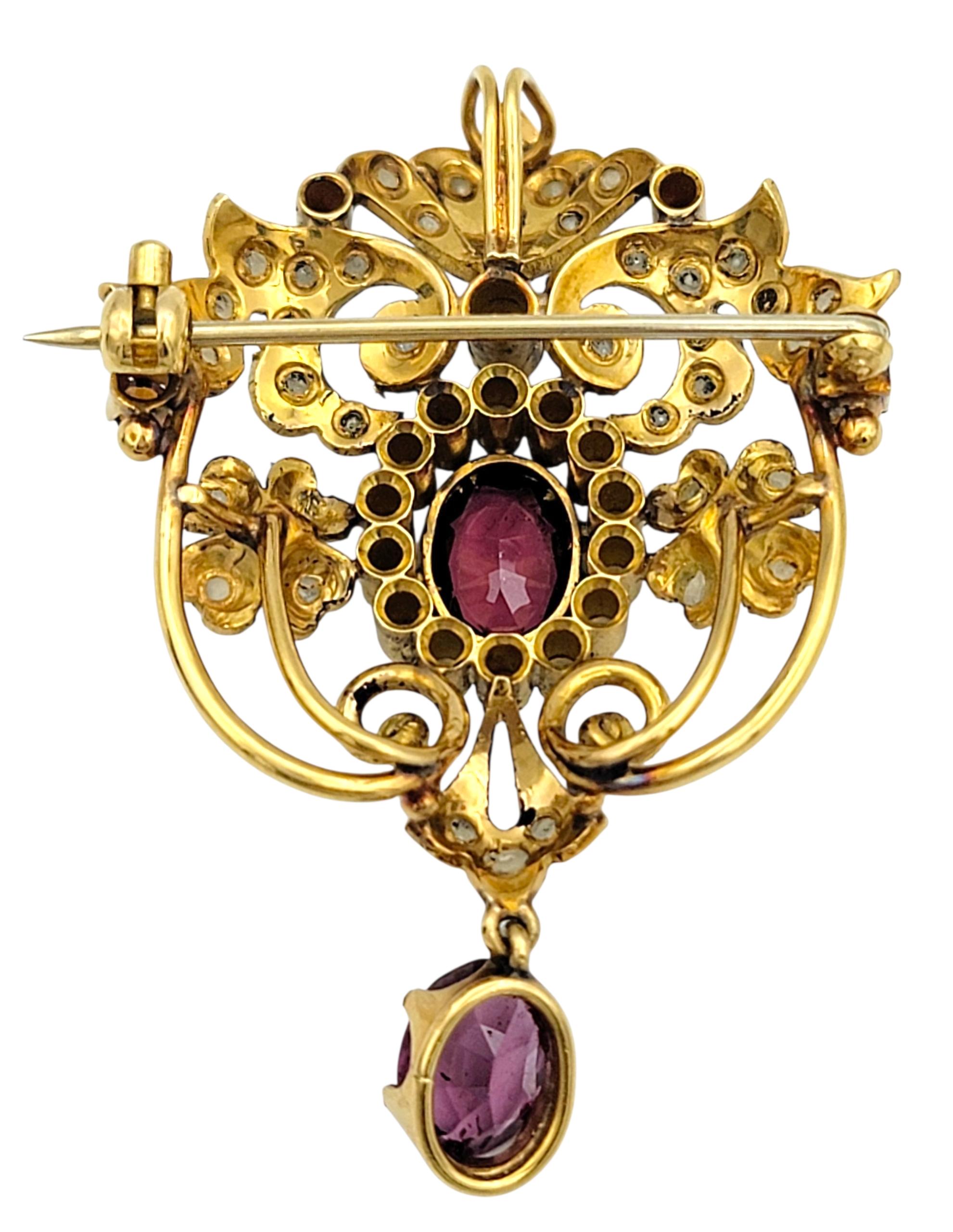 Vintage Rhodolith Granat, Diamant und Perle Brosche/Anhänger 18 Karat Gelbgold Damen im Angebot
