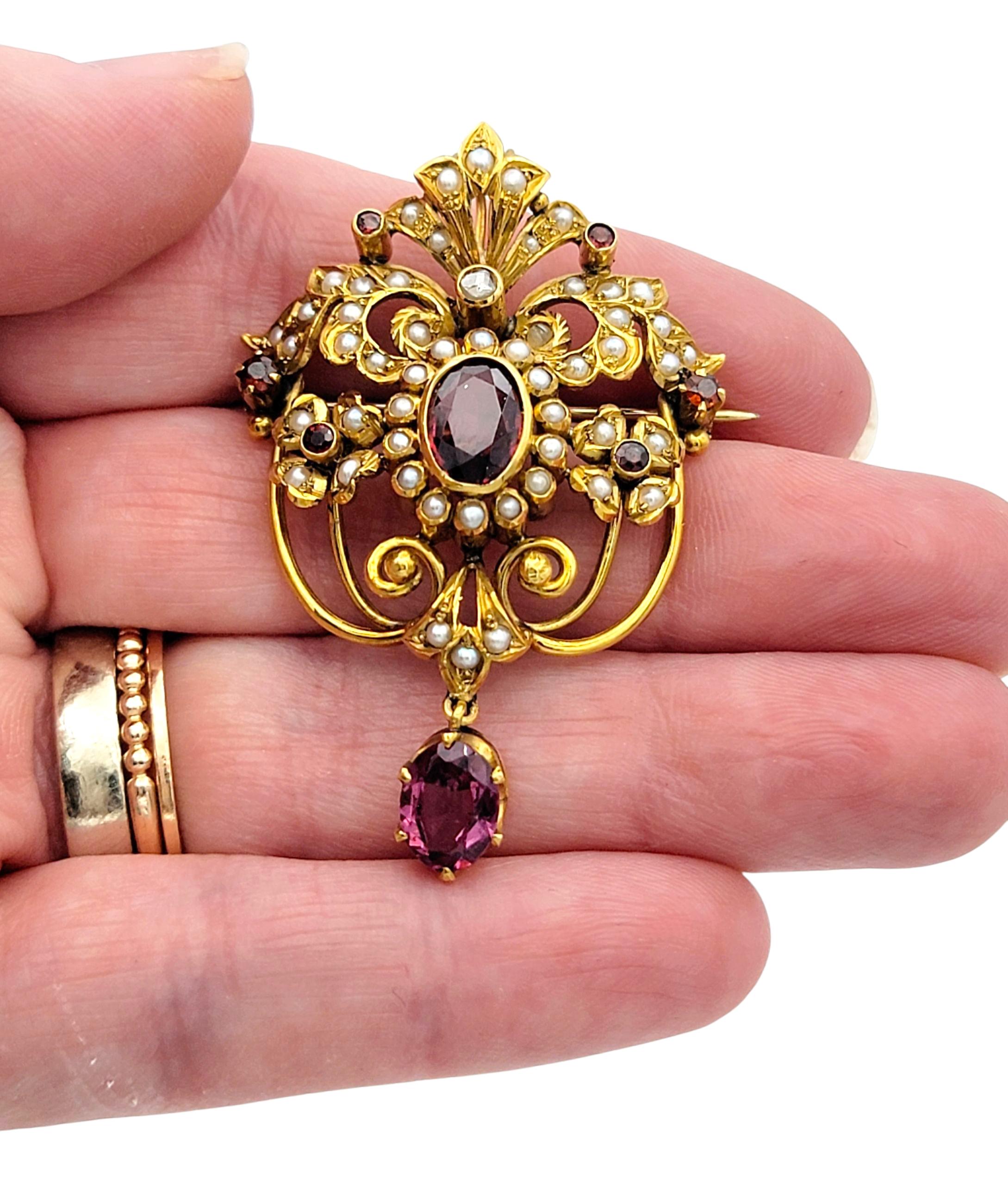 Vintage Rhodolith Granat, Diamant und Perle Brosche/Anhänger 18 Karat Gelbgold im Angebot 2