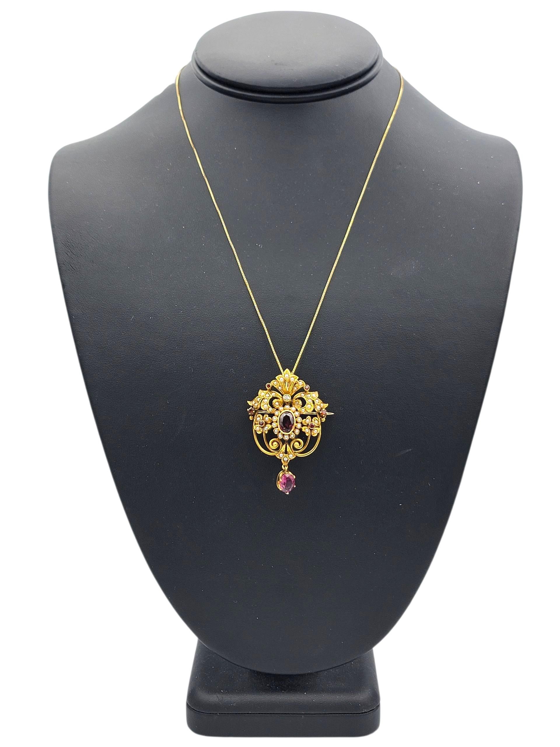 Vintage Rhodolith Granat, Diamant und Perle Brosche/Anhänger 18 Karat Gelbgold im Angebot 3