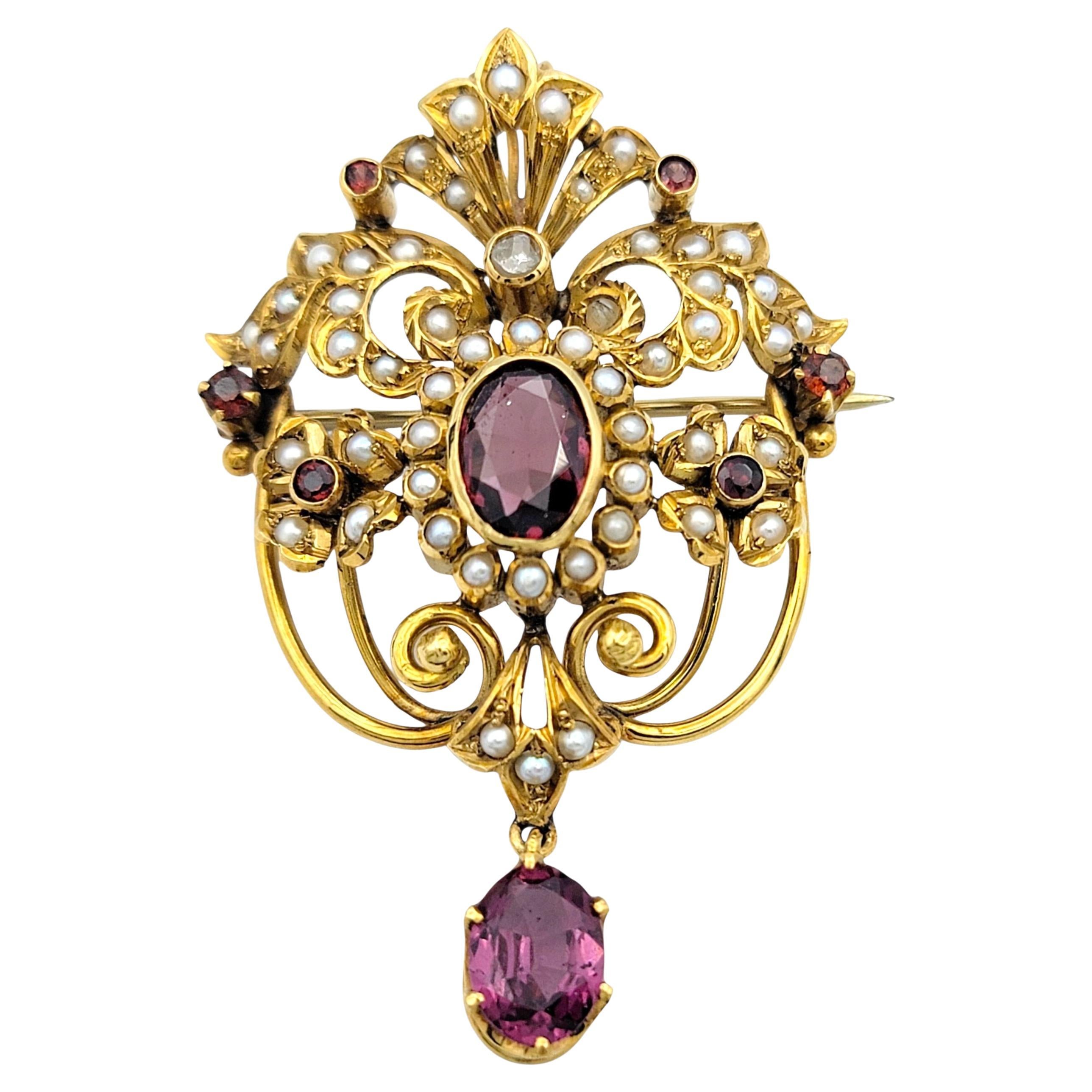 Vintage Rhodolith Granat, Diamant und Perle Brosche/Anhänger 18 Karat Gelbgold im Angebot