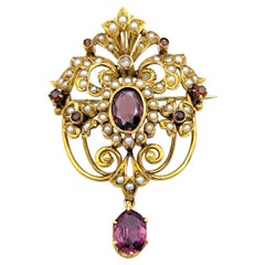 Vintage Rhodolith Granat, Diamant und Perle Brosche/Anhänger 18 Karat Gelbgold