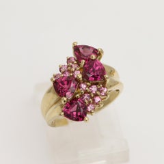 Red Rhodolite Ring 10K Gold Trillian shape Cluster Gemstones