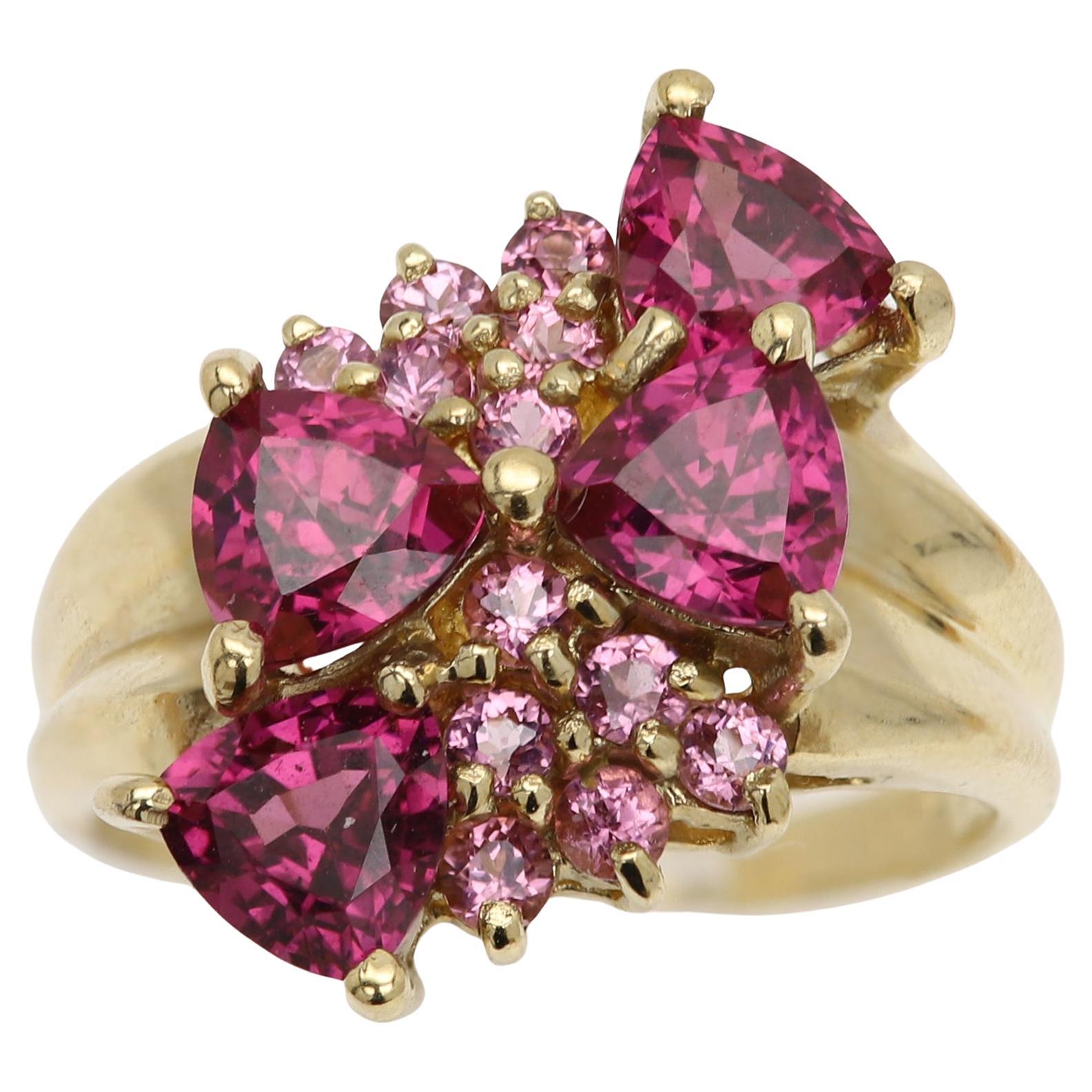 Vintage Rhodolite Ring 10 Karat Gold Trillian shape Cluster Gemstones