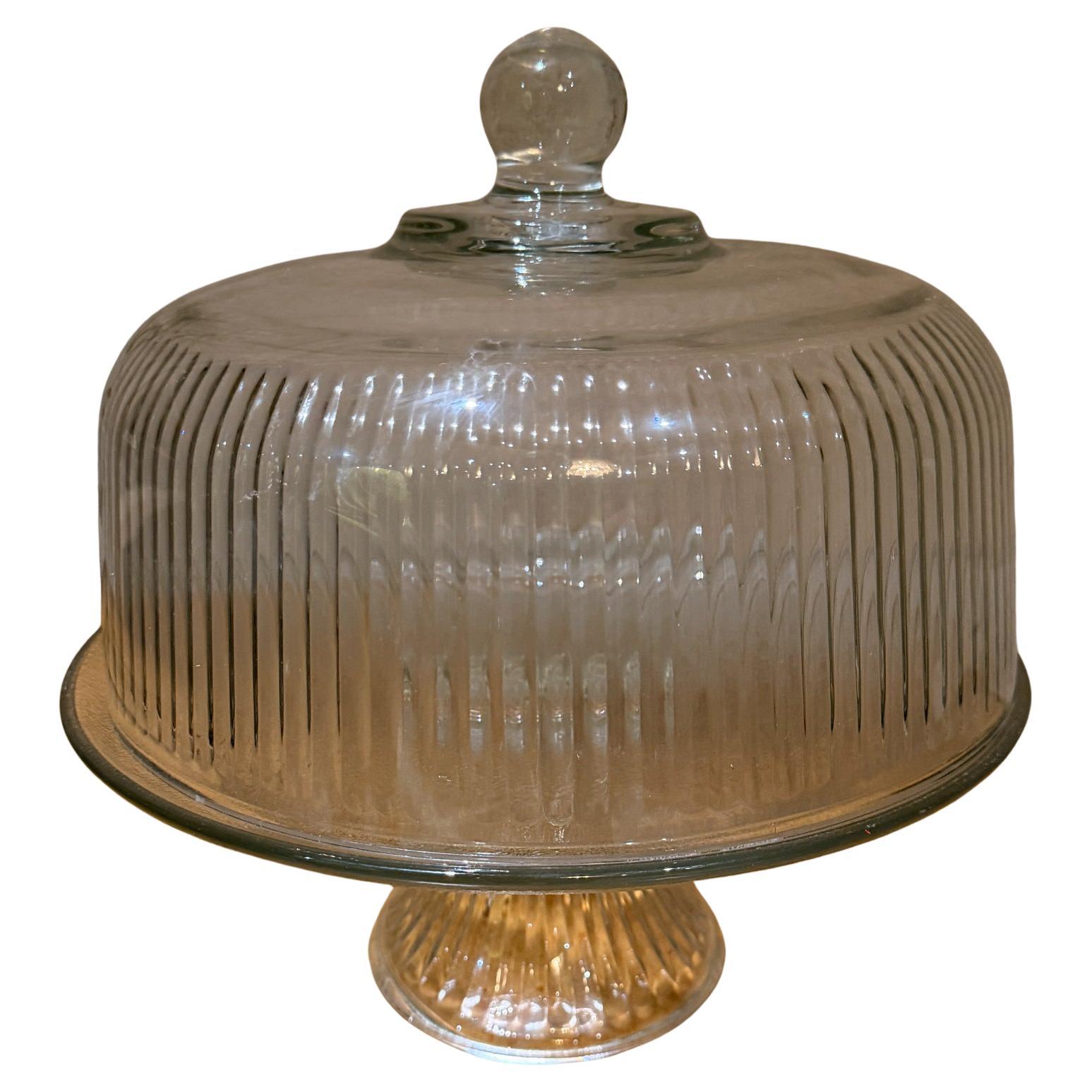 Vintage Ribbed Glass Cake Stand With Dome Cover