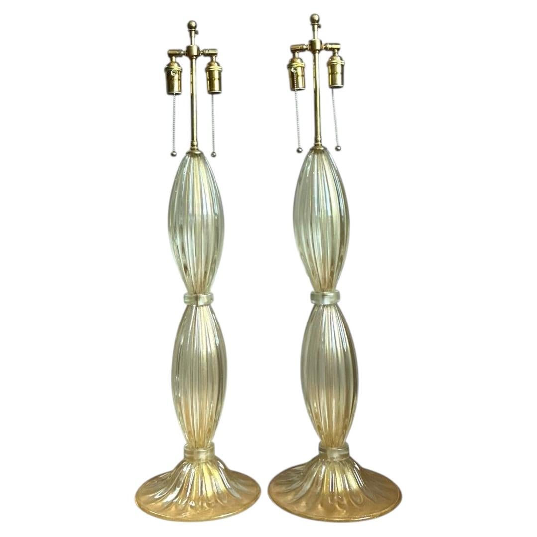 Vintage Ribbed Murano Glass Table Lamps - Pair For Sale