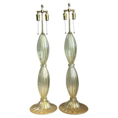 Vintage Ribbed Murano Glass Table Lamps - Pair