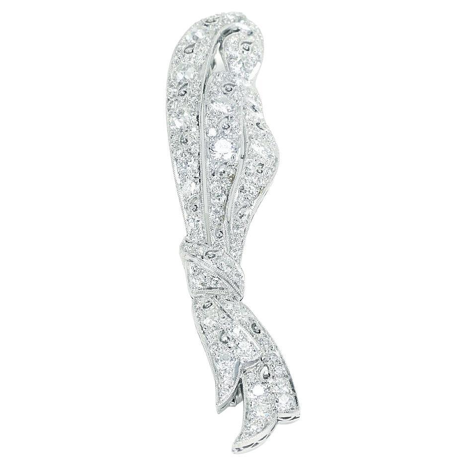 Vintage Ribbon Motif Diamond Pin in Platinum and White Gold For Sale