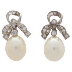 Vintage Ribbon Topped Pearl and Diamond Drop Earrings in 18k White Gold