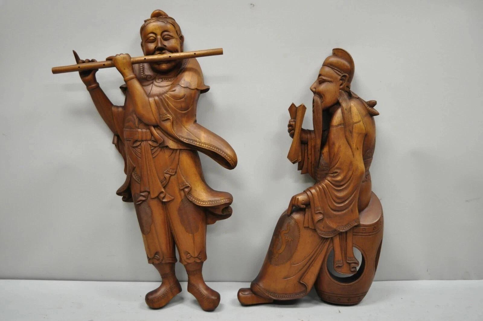 Vintage Ricardo Lynn geschnitzt Teakholz orientalischen Figuren Flöte Spieler Wiseman Pair im Angebot 5