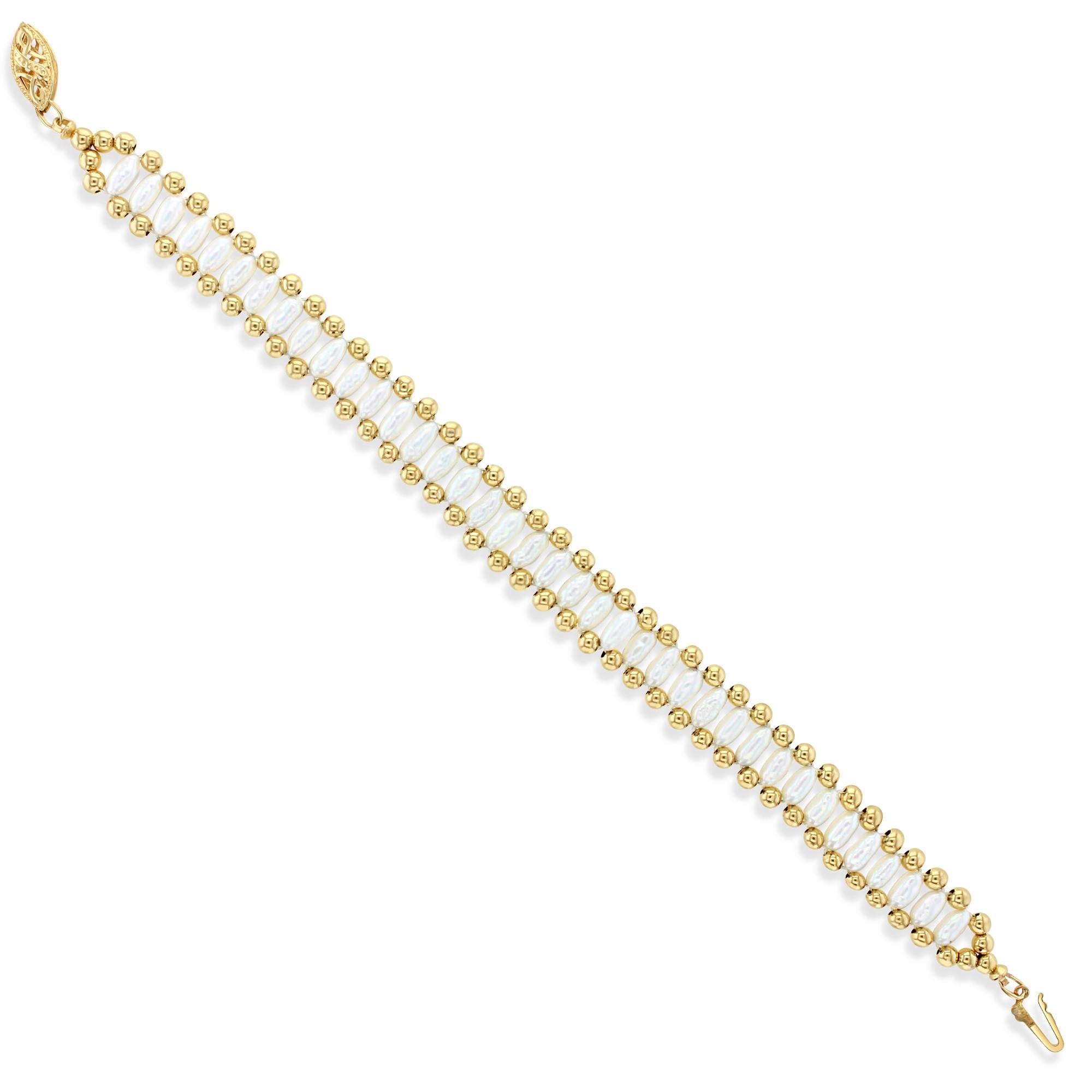 Women's or Men's Vintage Rice Pearl Bracelet 14k Yellow Gold For Sale