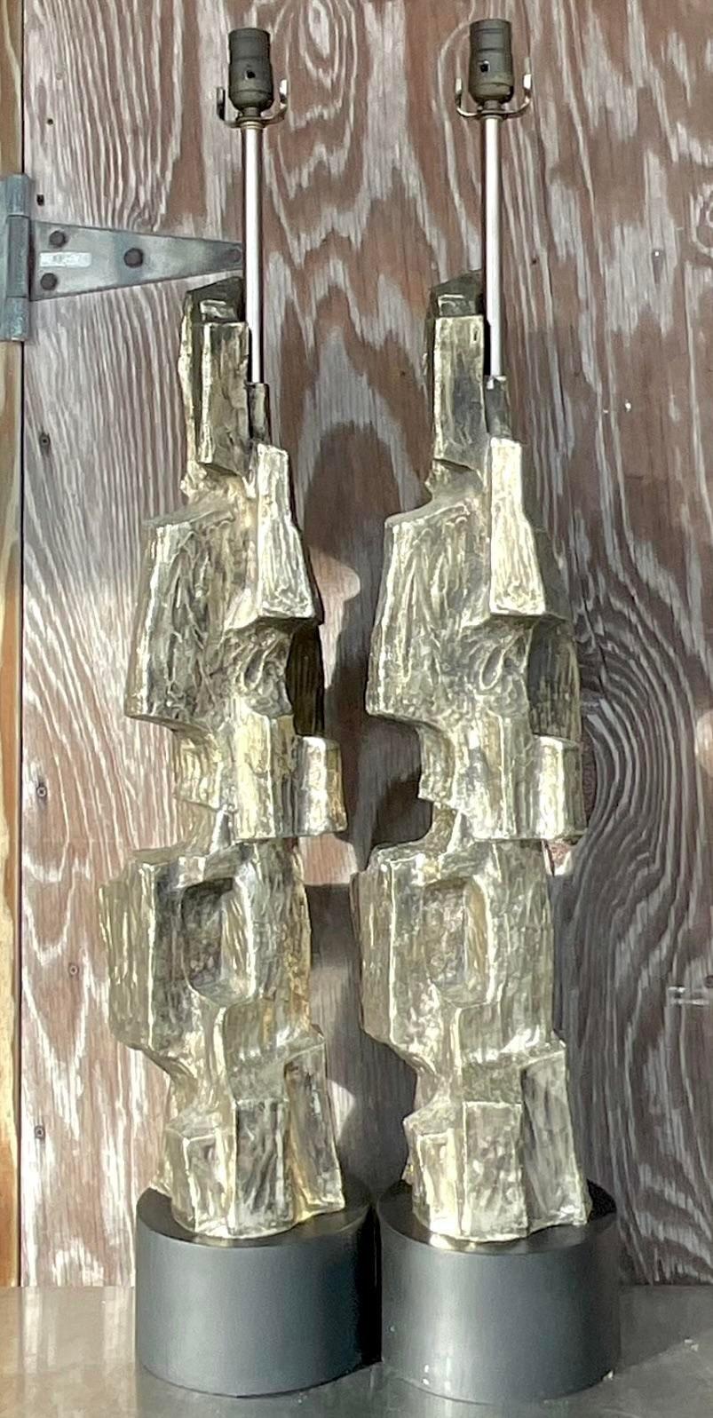 Vintage Richard Barr for Laurel Brutalist Cast Metal Lamps - a Pair In Good Condition For Sale In west palm beach, FL