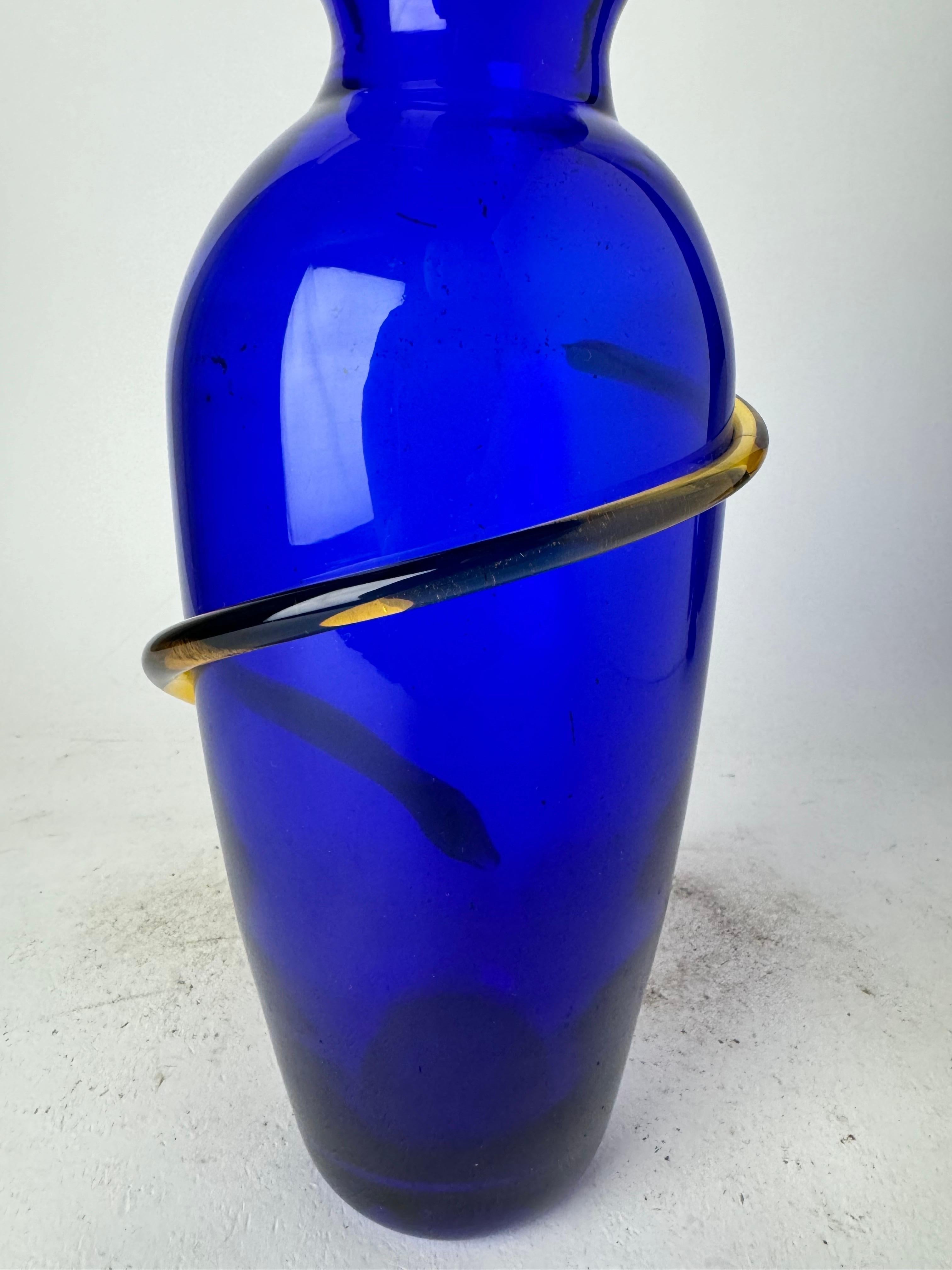 Vintage Richard Blenko Cobalt Blue And Yellow Glass Vase 2