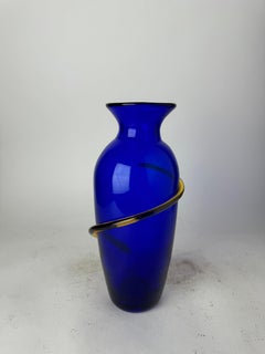 Vintage Richard Blenko Cobalt Blue And Yellow Glass Vase
