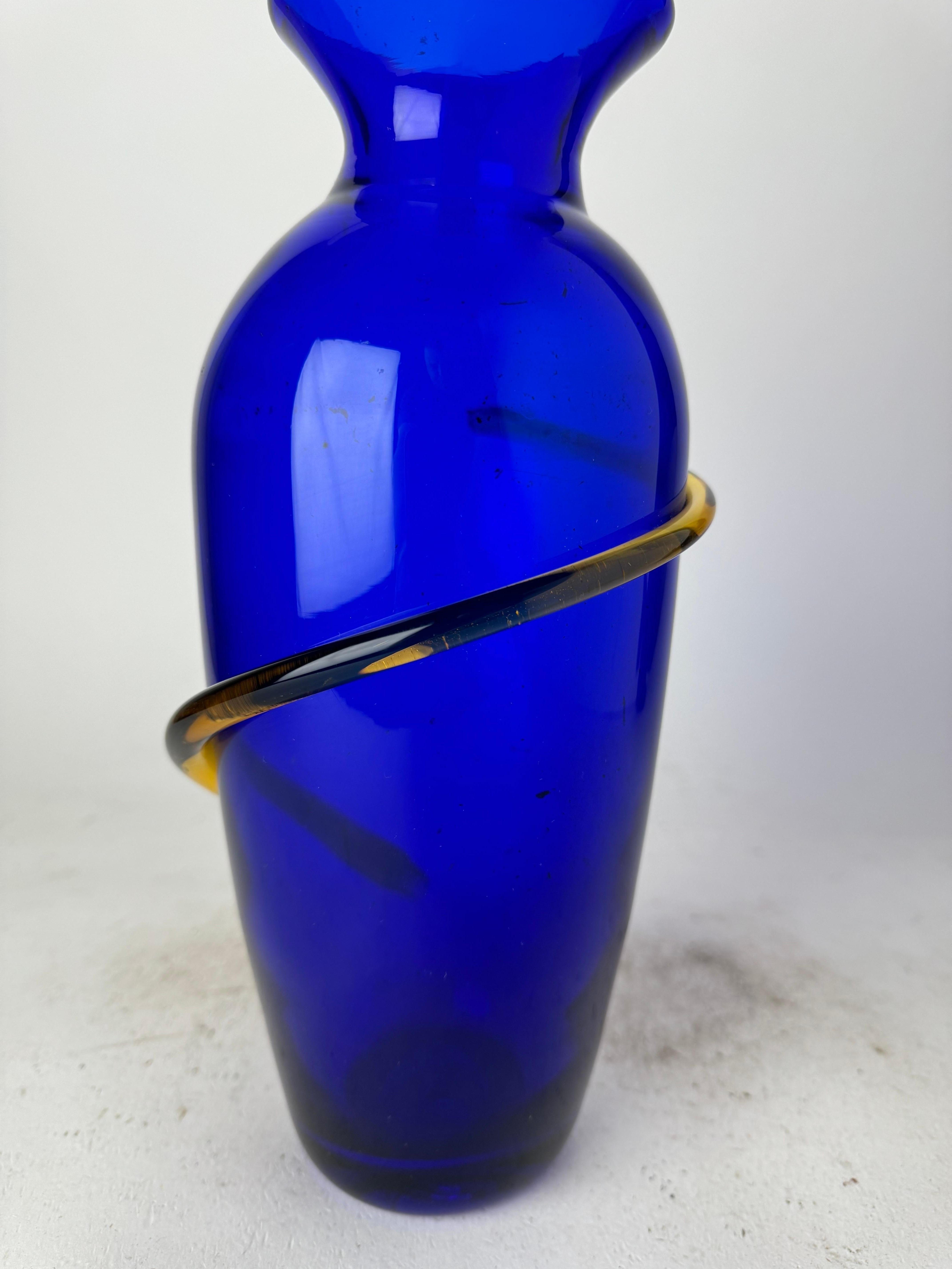 Modern Vintage Richard Blenko Cobalt Blue And Yellow Glass Vase
