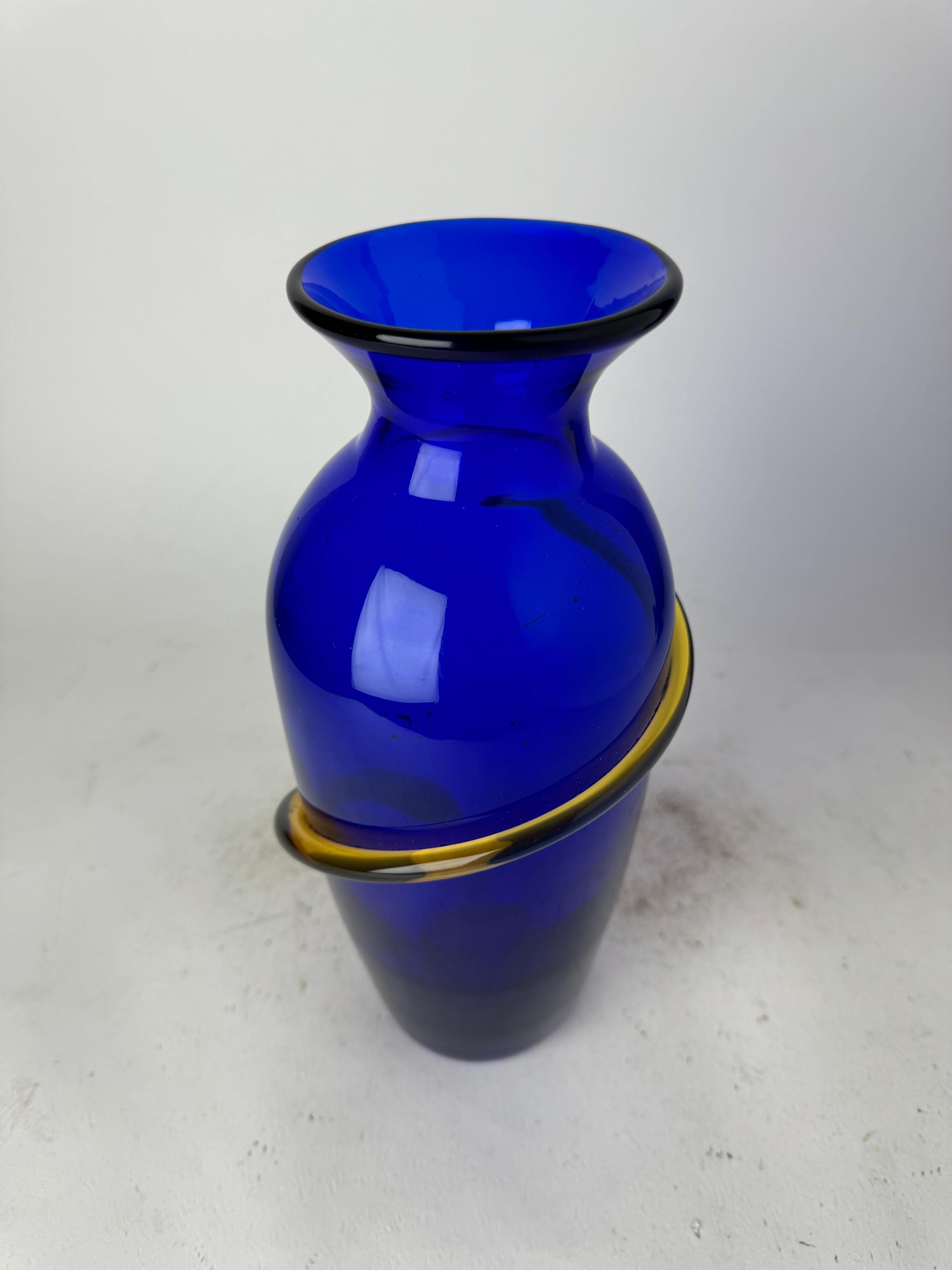 American Vintage Richard Blenko Cobalt Blue And Yellow Glass Vase