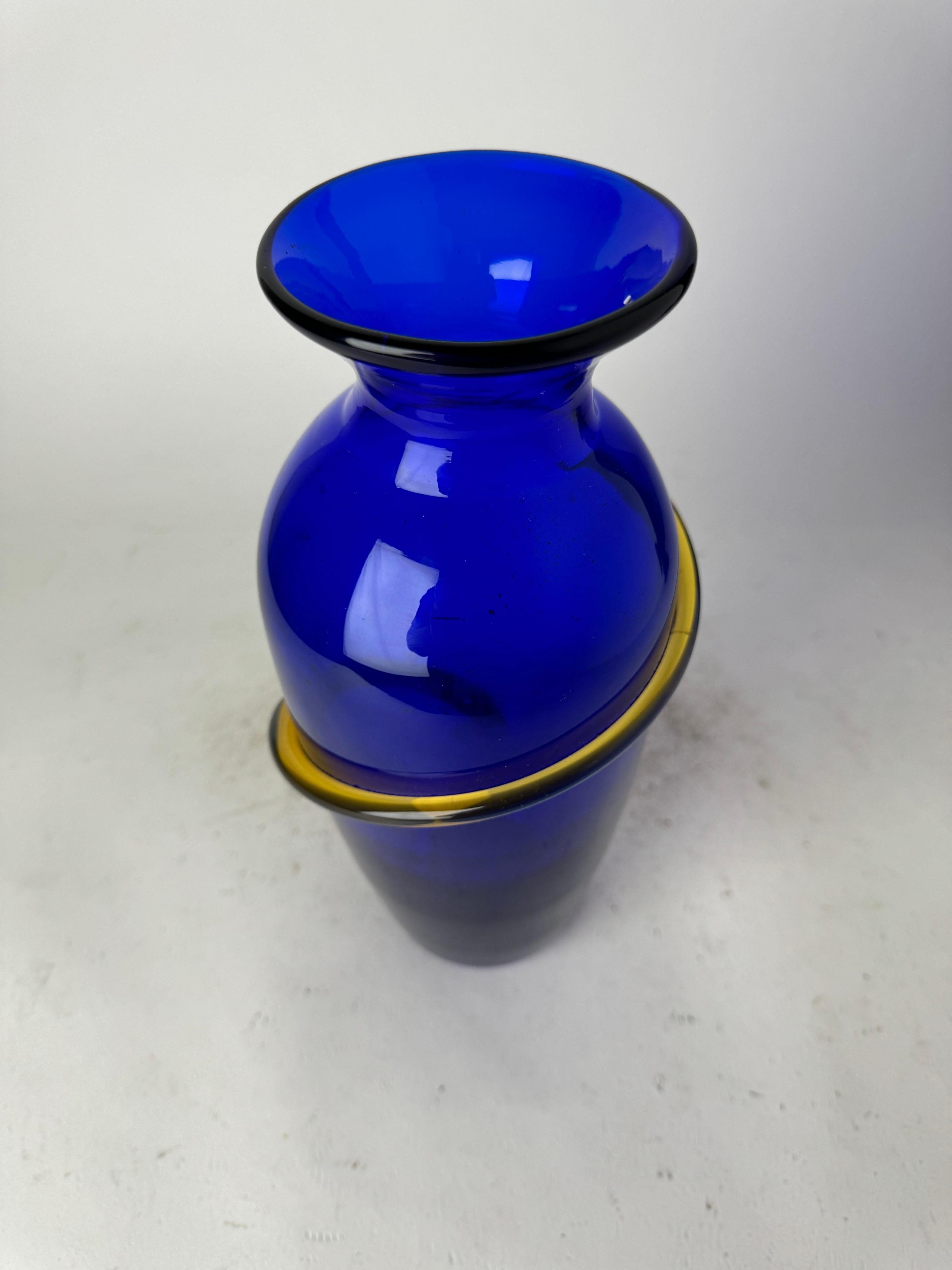 Vintage Richard Blenko Cobalt Blue And Yellow Glass Vase 1