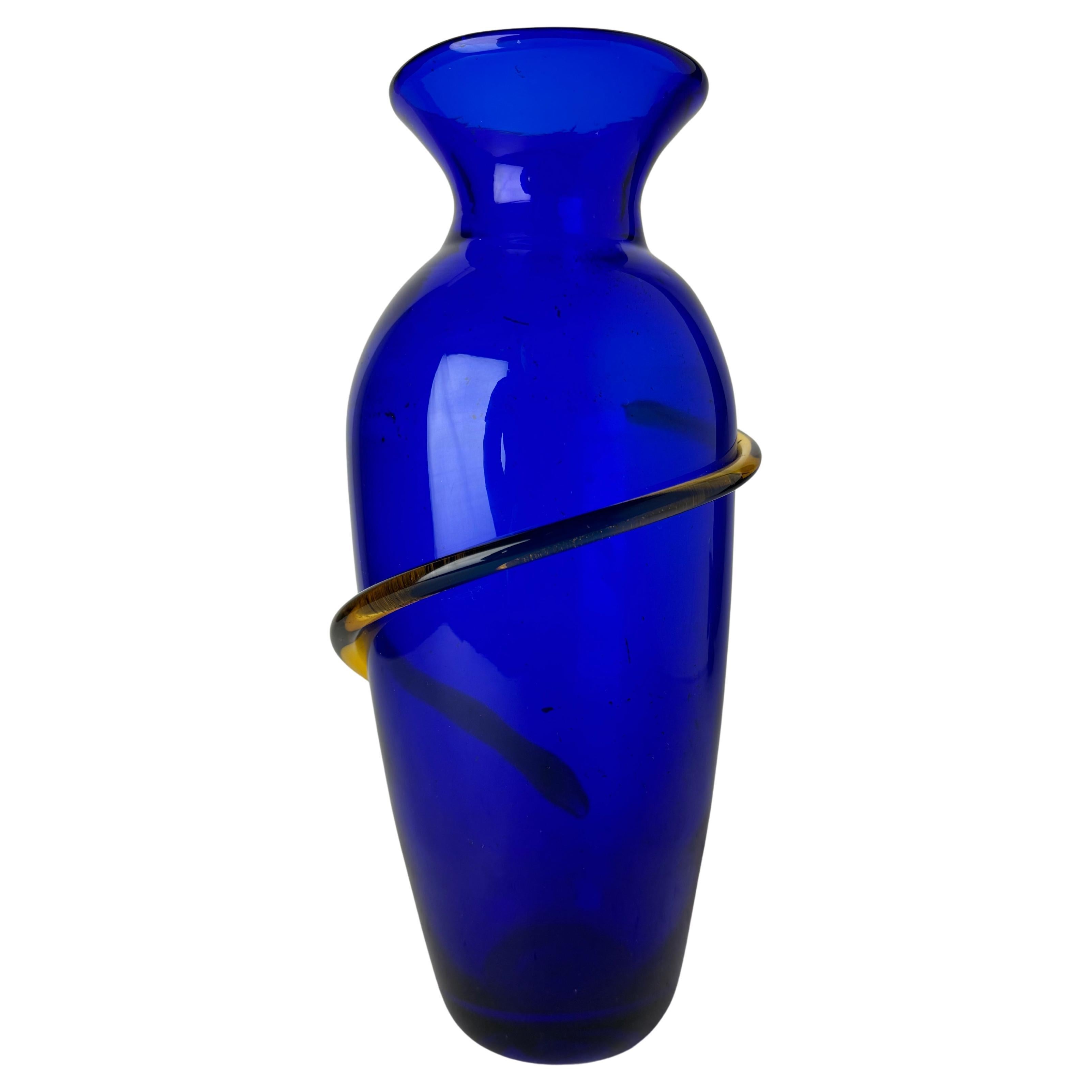 Vintage Richard Blenko Cobalt Blue And Yellow Glass Vase
